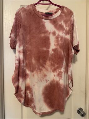 Ribbed Tie-Dye Short Sleeve Tee - Mauve/White